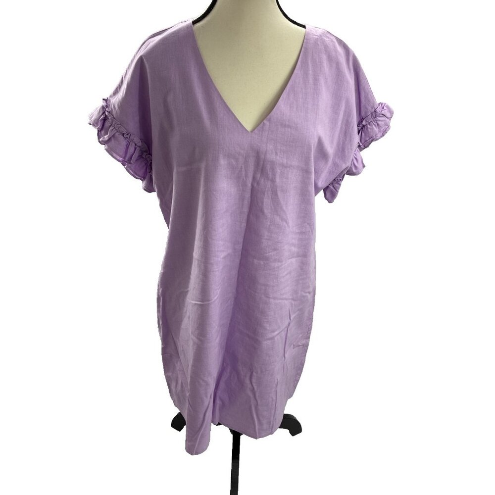 Cremieux Womens Size M Dress Purple Linen Ruffle Sleeve V Neck Casual Summer